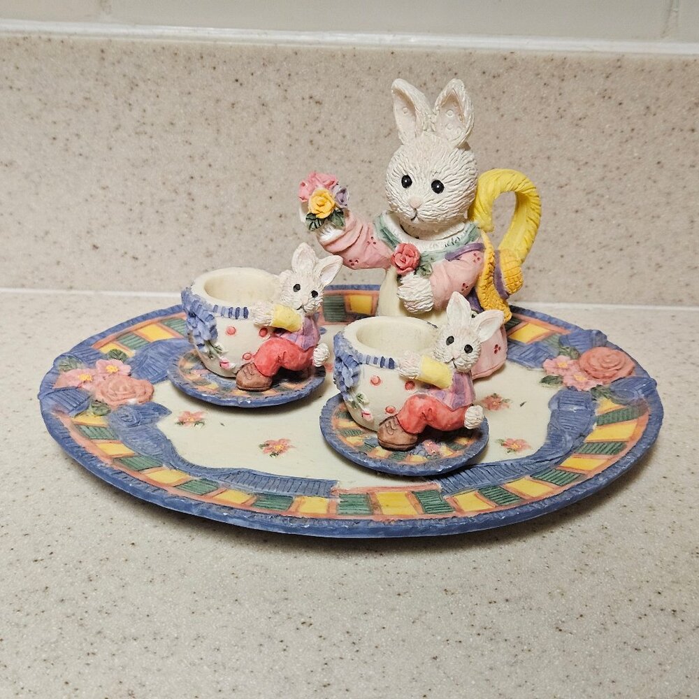 Vintage 90s Miniature Resin Tea Set - Youngs Inc - Bunny Rabbit Flowers Easter